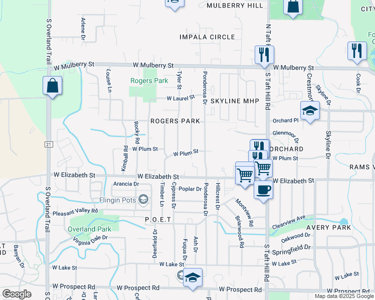map of restaurants, bars, coffee shops, grocery stores, and more near 2415 West Plum Street in Fort Collins