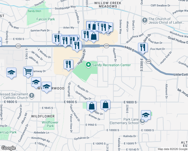 map of restaurants, bars, coffee shops, grocery stores, and more near 2039 Candle Tree Cove in Sandy