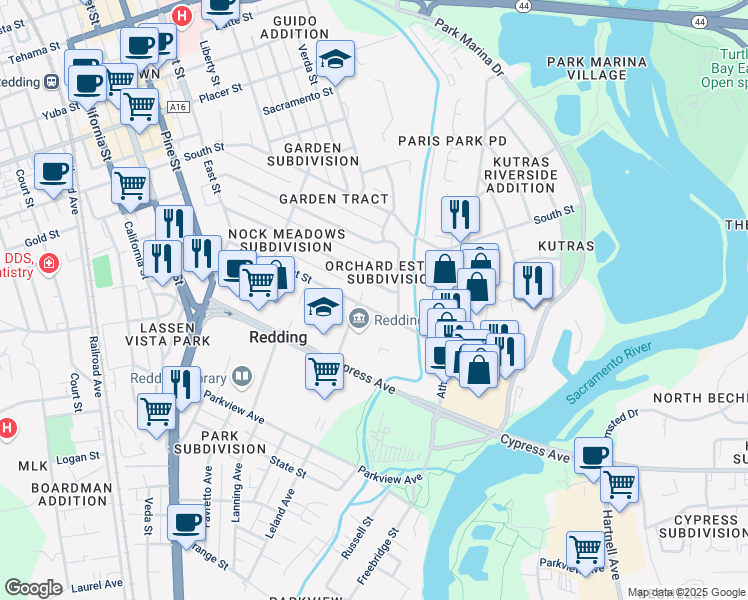 map of restaurants, bars, coffee shops, grocery stores, and more near 620 Locust Street in Redding