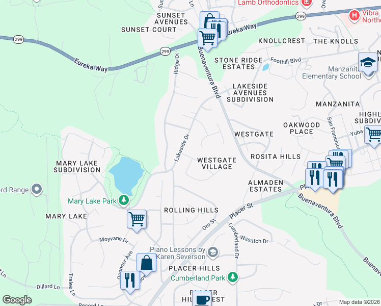 map of restaurants, bars, coffee shops, grocery stores, and more near 3688 Mount Ashland Avenue in Redding