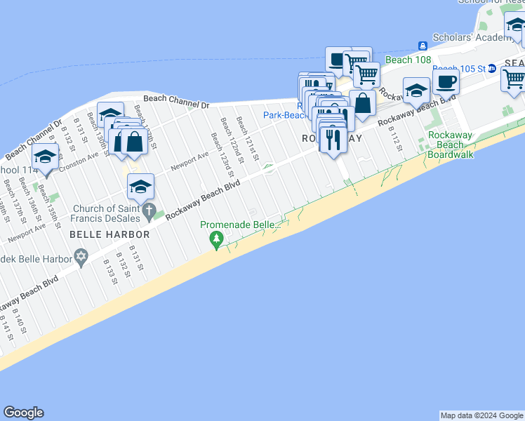 map of restaurants, bars, coffee shops, grocery stores, and more near 150 Beach 123rd Street in Queens