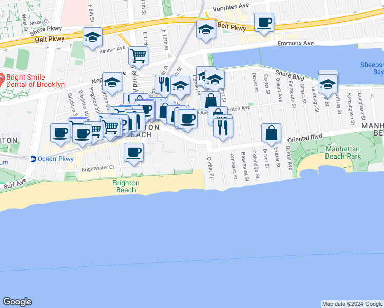 map of restaurants, bars, coffee shops, grocery stores, and more near 211 Brighton 15th Street in Brooklyn