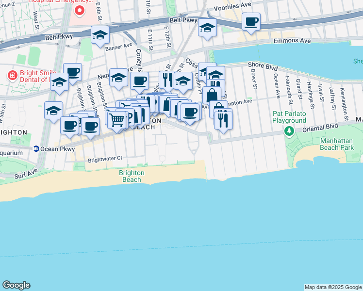 map of restaurants, bars, coffee shops, grocery stores, and more near 3131 Brighton 13th Street in Brooklyn