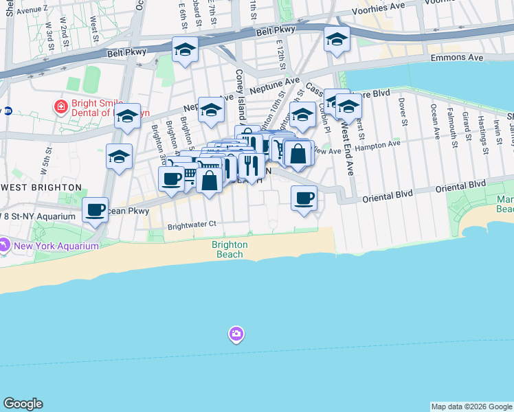 map of restaurants, bars, coffee shops, grocery stores, and more near 118-126 Oceana Drive West in Brooklyn