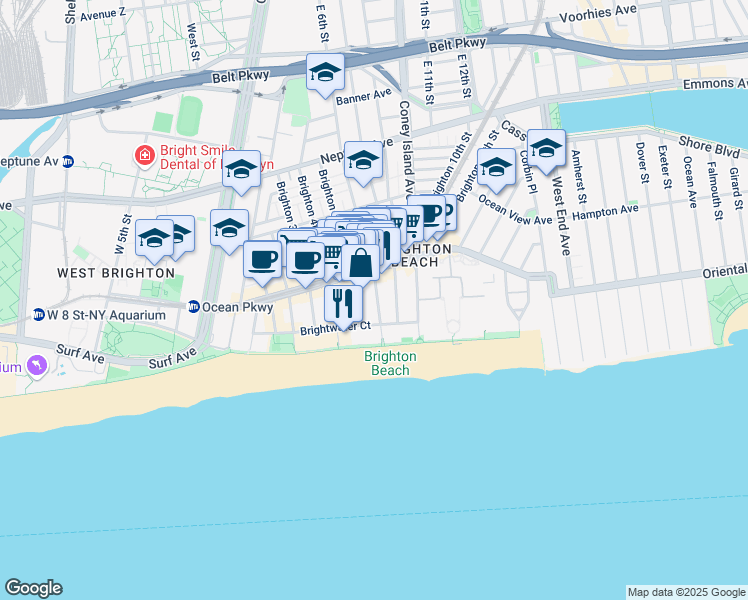 map of restaurants, bars, coffee shops, grocery stores, and more near 3099 Brighton 5th Street in Brooklyn
