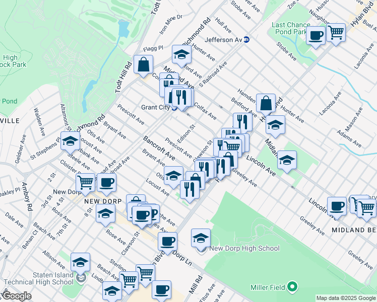 map of restaurants, bars, coffee shops, grocery stores, and more near 219 Prescott Avenue in Staten Island
