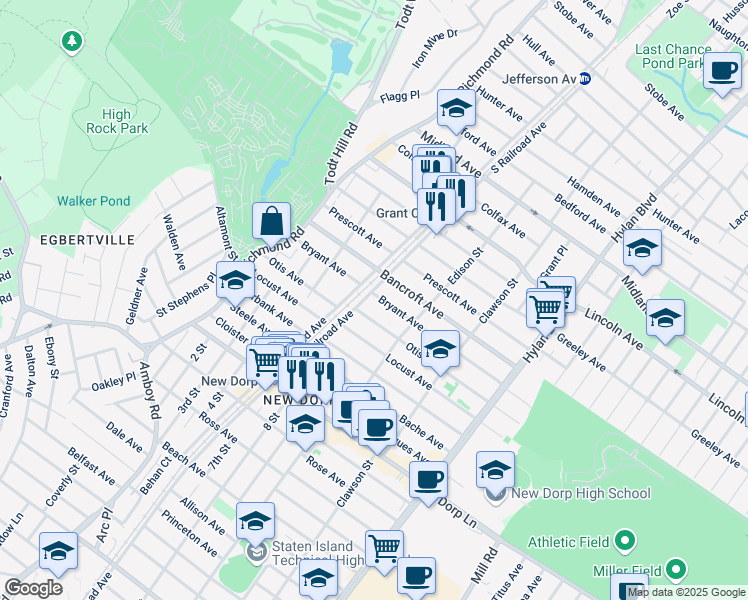 map of restaurants, bars, coffee shops, grocery stores, and more near 124 Bryant Avenue in Staten Island