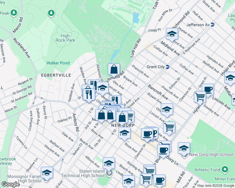 map of restaurants, bars, coffee shops, grocery stores, and more near 55 Burbank Avenue in Staten Island