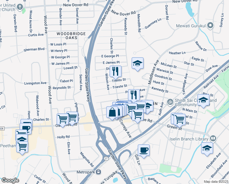 map of restaurants, bars, coffee shops, grocery stores, and more near 122 Pershing Avenue in Woodbridge Township