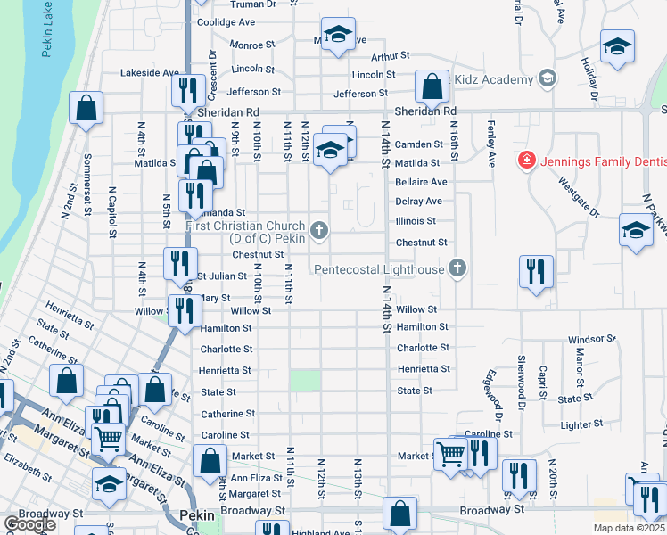 map of restaurants, bars, coffee shops, grocery stores, and more near 1100 Earl Street in Pekin
