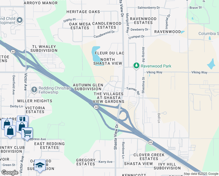 map of restaurants, bars, coffee shops, grocery stores, and more near 2348 la Villa Way in Redding
