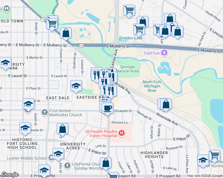 map of restaurants, bars, coffee shops, grocery stores, and more near 808 South Lemay Avenue in Fort Collins
