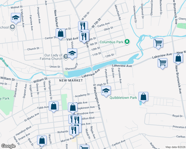 map of restaurants, bars, coffee shops, grocery stores, and more near S Washington Ave & Lakeview Ave in Piscataway Township