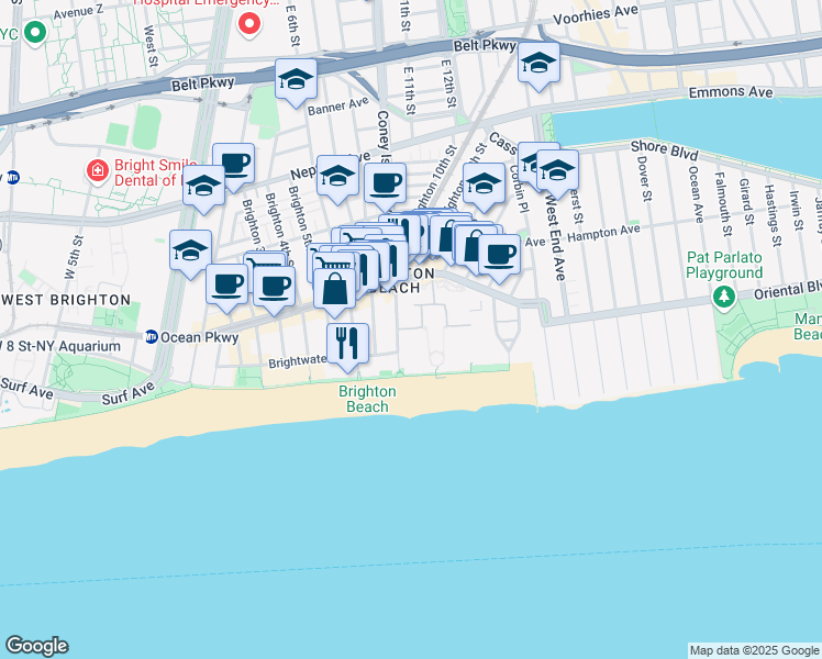 map of restaurants, bars, coffee shops, grocery stores, and more near 90 Oceana Drive West in Brooklyn