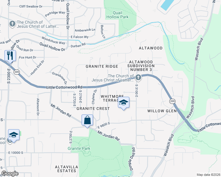 map of restaurants, bars, coffee shops, grocery stores, and more near 9632 Carriagehouse Lane in Sandy