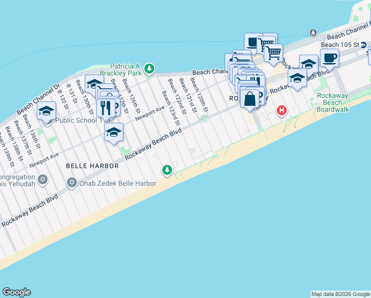 map of restaurants, bars, coffee shops, grocery stores, and more near 150 Beach 123rd Street in Queens