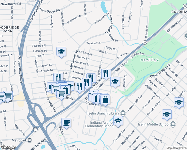 map of restaurants, bars, coffee shops, grocery stores, and more near 20 Kennedy Street in Woodbridge Township