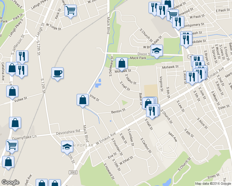map of restaurants, bars, coffee shops, grocery stores, and more near 1984 South Delaware Street in Allentown
