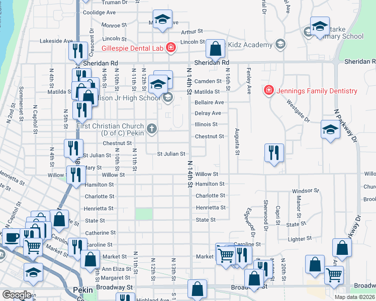 map of restaurants, bars, coffee shops, grocery stores, and more near 1405 Saint Julian Street in Pekin