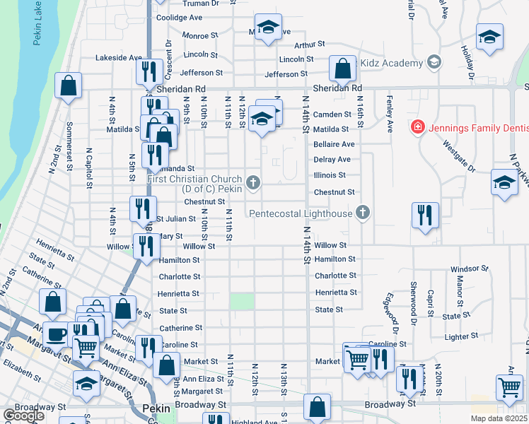 map of restaurants, bars, coffee shops, grocery stores, and more near 1100 Earl Street in Pekin