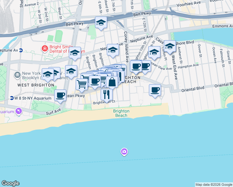 map of restaurants, bars, coffee shops, grocery stores, and more near 3099 Brighton 5th Street in Brooklyn