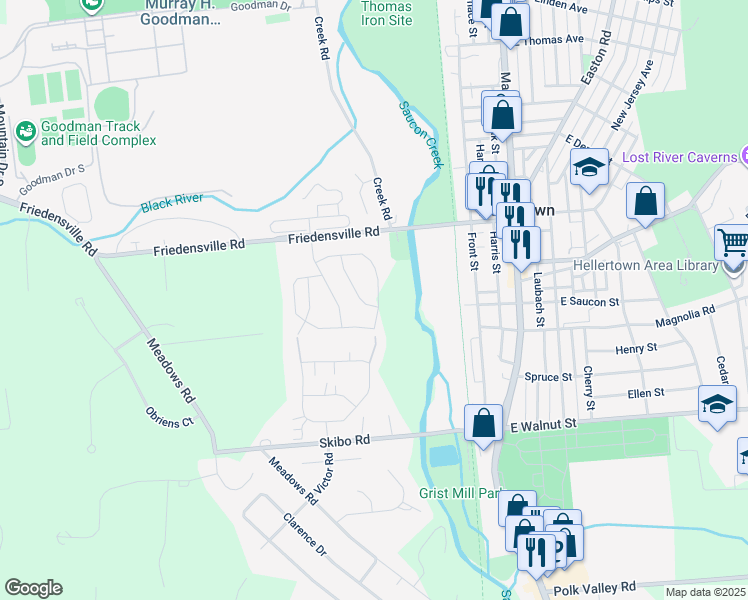 map of restaurants, bars, coffee shops, grocery stores, and more near 1909 Pine Court in Hellertown