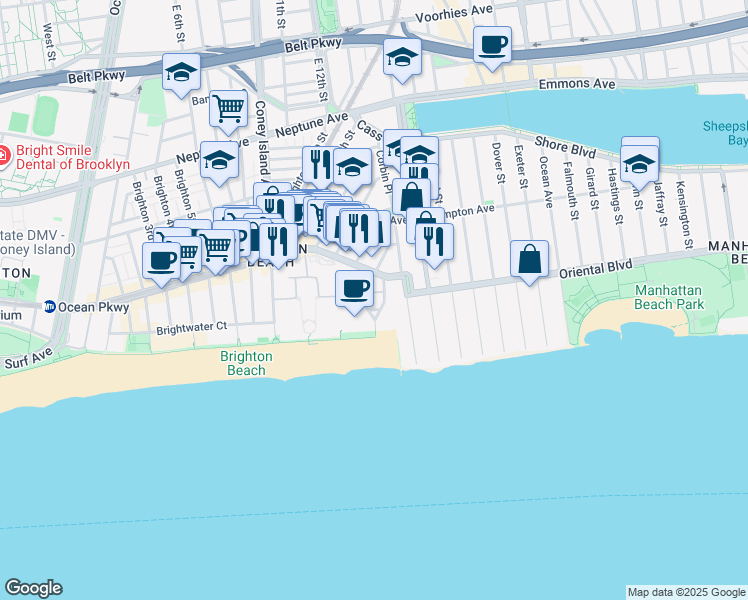 map of restaurants, bars, coffee shops, grocery stores, and more near 211 Brighton 15th Street in Brooklyn