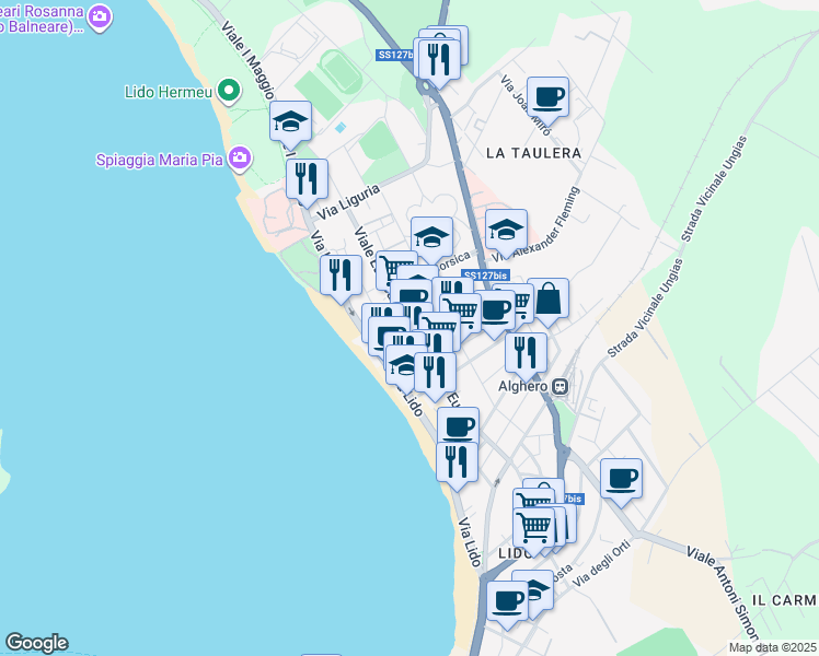 map of restaurants, bars, coffee shops, grocery stores, and more near 73 Viale Europa in Alghero