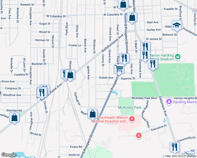 map of restaurants, bars, coffee shops, grocery stores, and more near 317 Duluth Avenue in Marion