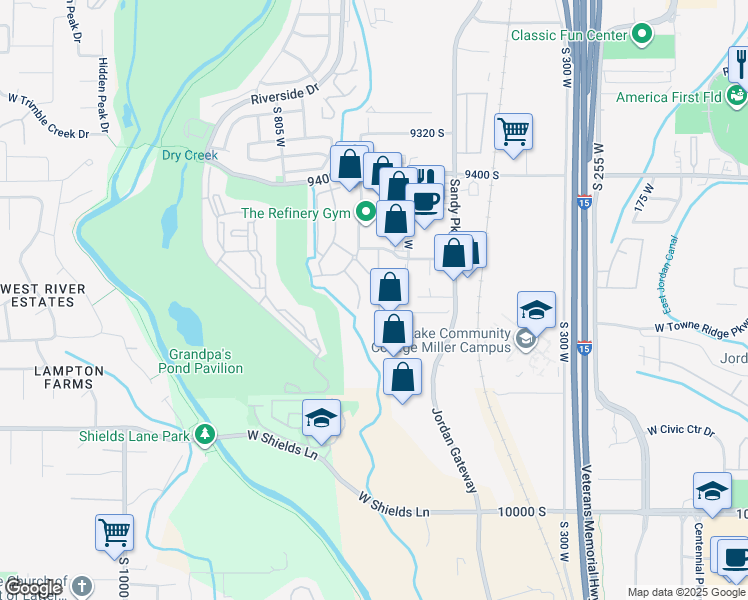 map of restaurants, bars, coffee shops, grocery stores, and more near 628 Creek Bluff Cove in Sandy