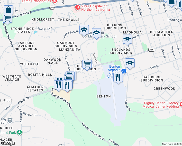map of restaurants, bars, coffee shops, grocery stores, and more near 1770 Pleasant Street in Redding