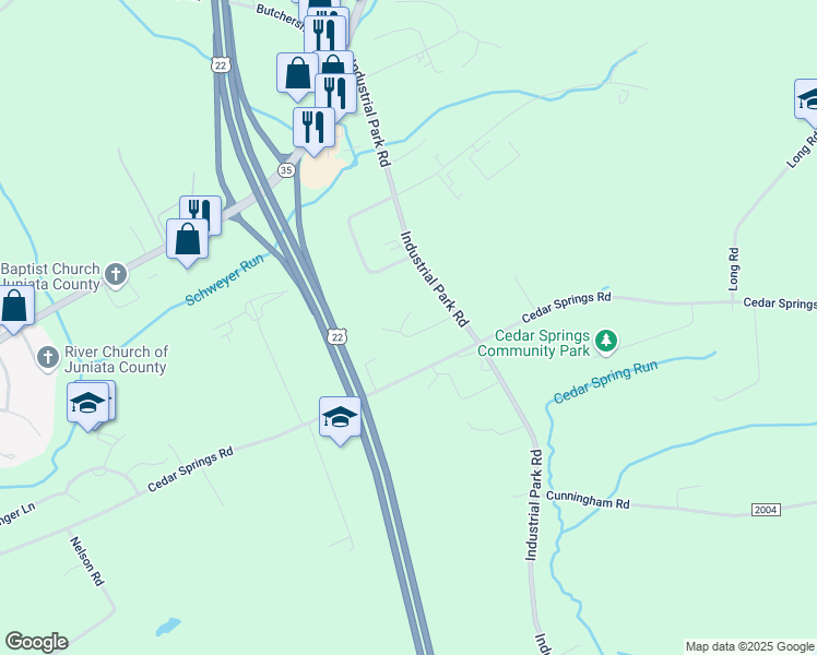 map of restaurants, bars, coffee shops, grocery stores, and more near 33 Cedarview Drive in Mifflintown