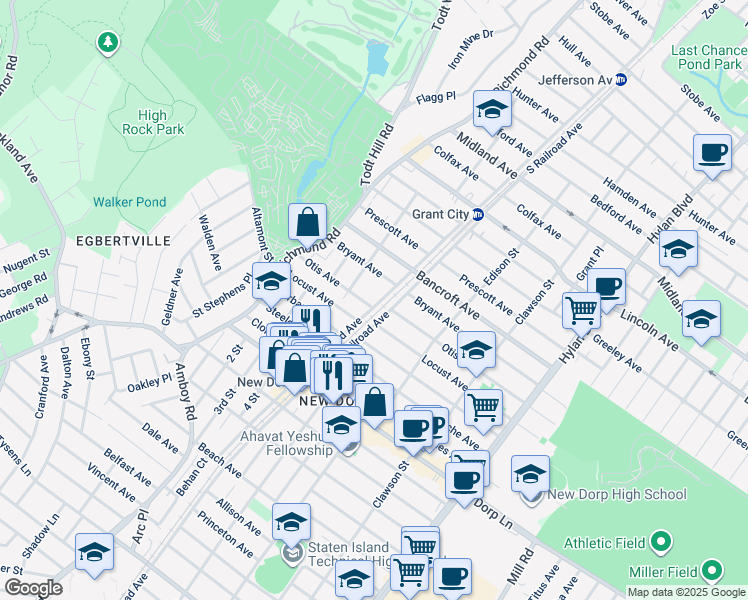 map of restaurants, bars, coffee shops, grocery stores, and more near 1283 North Railroad Avenue in Staten Island