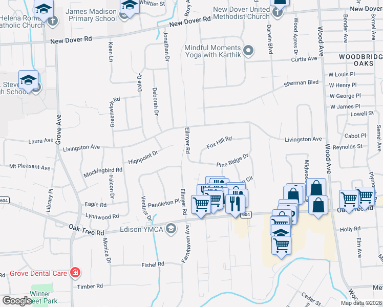 map of restaurants, bars, coffee shops, grocery stores, and more near 32 Ellmyer Road in Edison