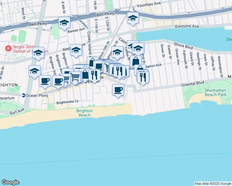 map of restaurants, bars, coffee shops, grocery stores, and more near 3131 Brighton 13th Street in Brooklyn
