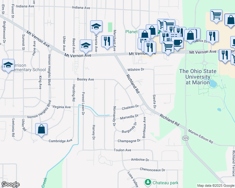map of restaurants, bars, coffee shops, grocery stores, and more near 986 Normandy Circle in Marion