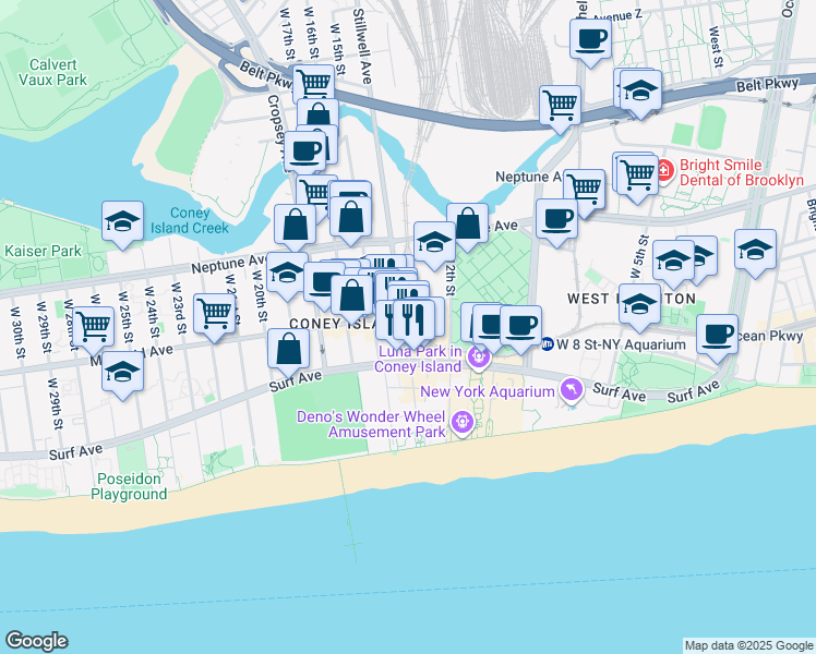 map of restaurants, bars, coffee shops, grocery stores, and more near 2907 Stillwell Avenue in Brooklyn