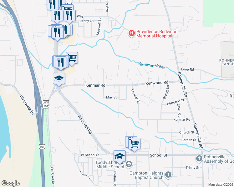 map of restaurants, bars, coffee shops, grocery stores, and more near 1200 Mill Creek Way in Fortuna