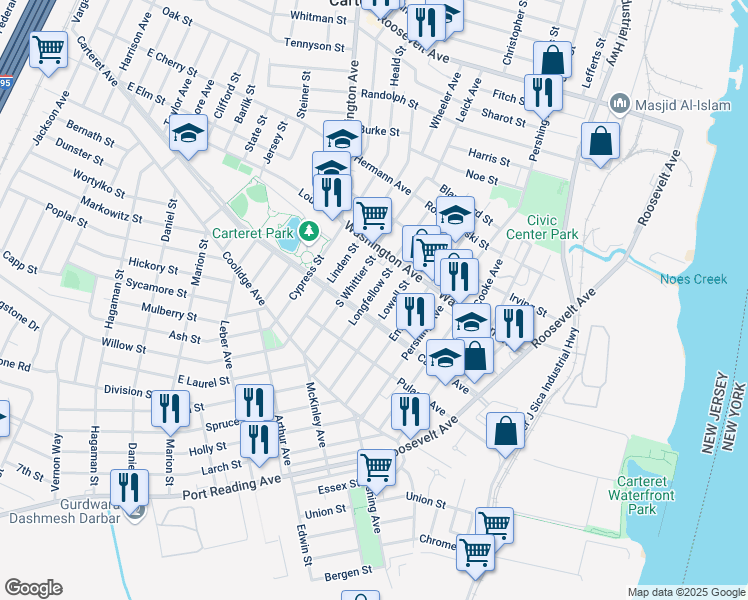 map of restaurants, bars, coffee shops, grocery stores, and more near 74 Longfellow Street in Carteret