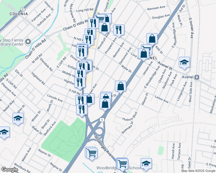 map of restaurants, bars, coffee shops, grocery stores, and more near 82 Demorest Avenue in Woodbridge Township