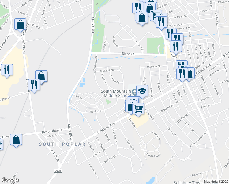 map of restaurants, bars, coffee shops, grocery stores, and more near 1992 South Hall Street in Allentown