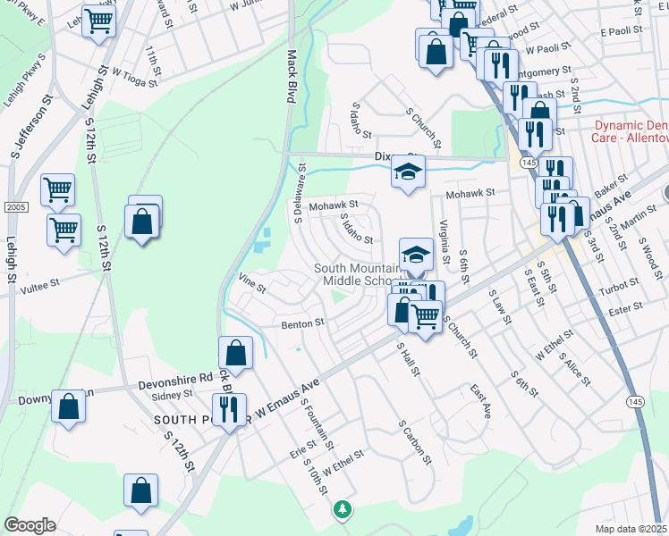 map of restaurants, bars, coffee shops, grocery stores, and more near 2007 South Delaware Street in Allentown