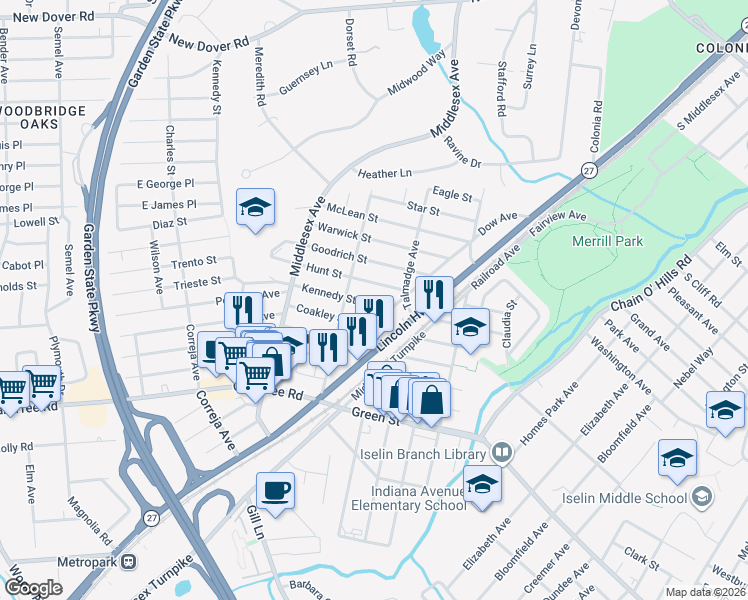 map of restaurants, bars, coffee shops, grocery stores, and more near 20 Kennedy Street in Woodbridge Township