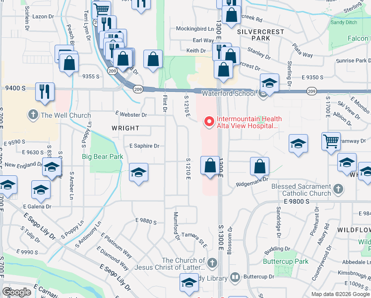 map of restaurants, bars, coffee shops, grocery stores, and more near 9614 South 1210 East in Sandy