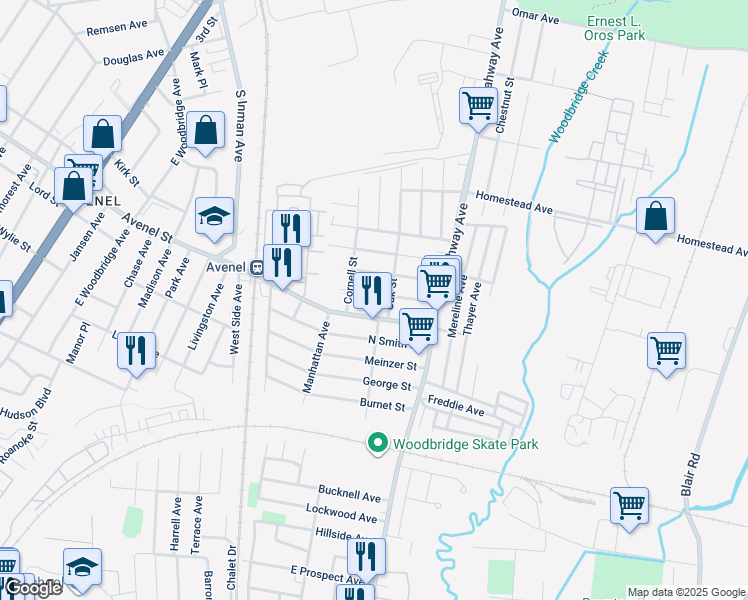 map of restaurants, bars, coffee shops, grocery stores, and more near 59 Harvard Avenue in Woodbridge Township
