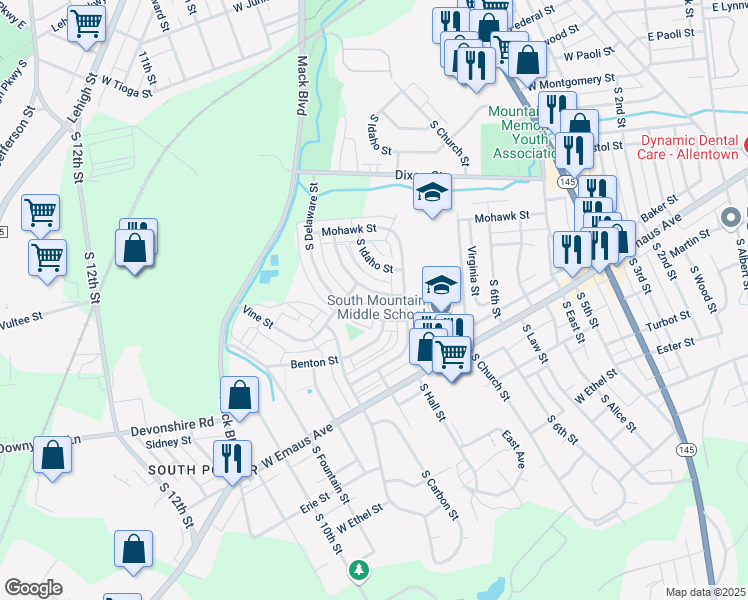 map of restaurants, bars, coffee shops, grocery stores, and more near 1992 South Hall Street in Allentown