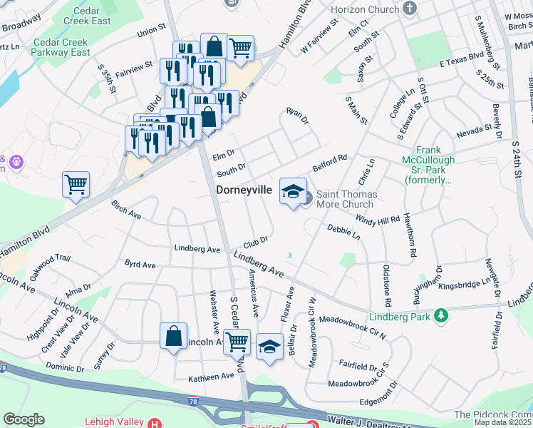 map of restaurants, bars, coffee shops, grocery stores, and more near 905 Club Drive in Allentown