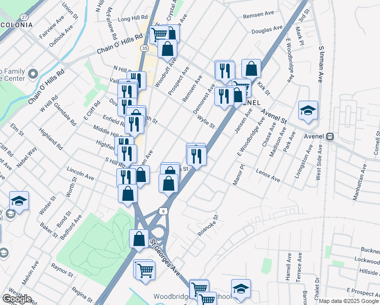 map of restaurants, bars, coffee shops, grocery stores, and more near 102 Minna Avenue in Woodbridge Township