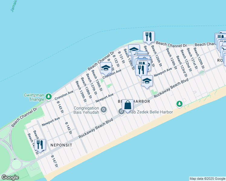map of restaurants, bars, coffee shops, grocery stores, and more near 4-12 Beach 135th Street in Queens