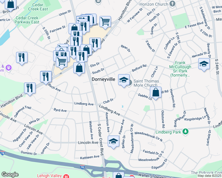 map of restaurants, bars, coffee shops, grocery stores, and more near 905 Club Drive in Allentown